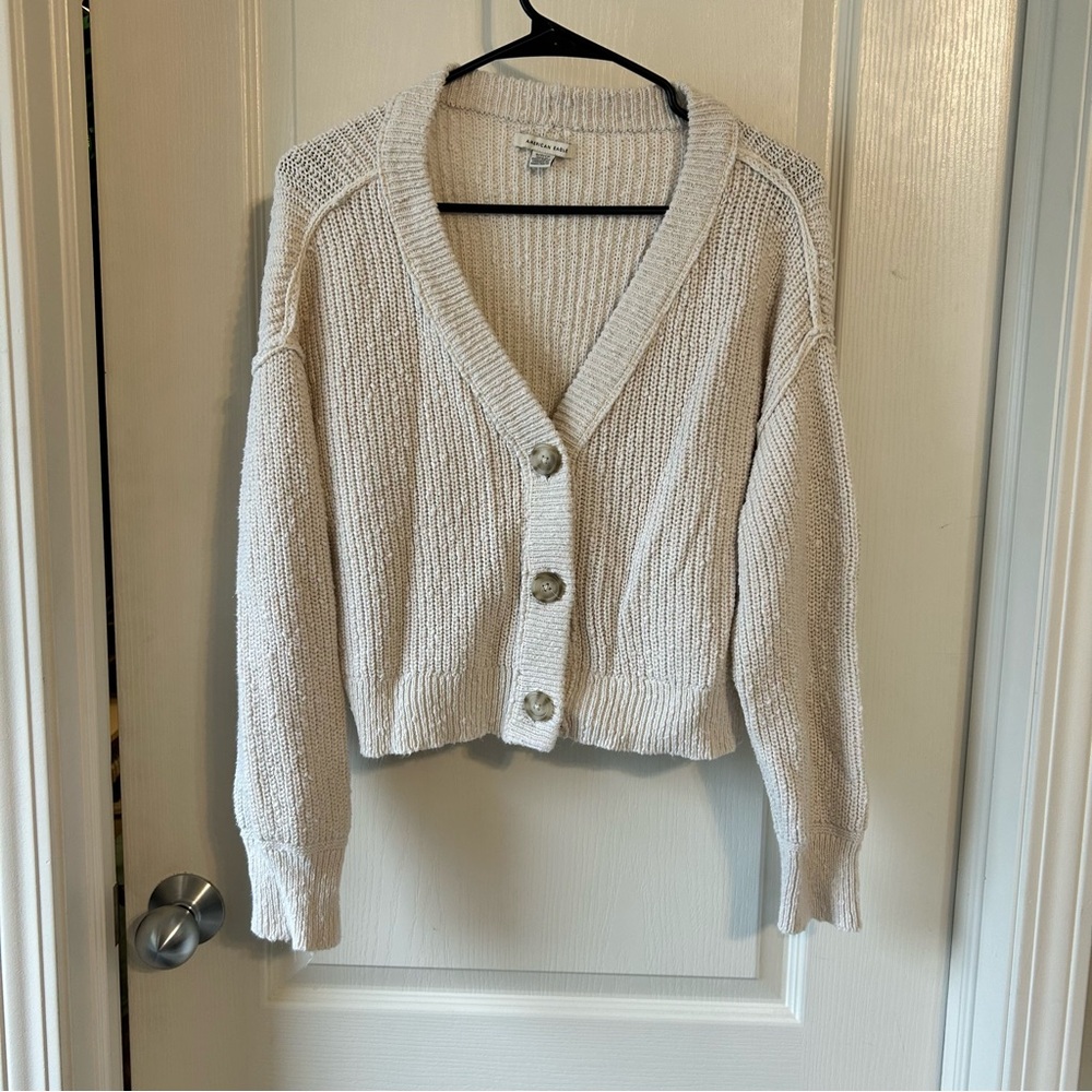American Eagle Cream Cardigan Sweater V-Neck